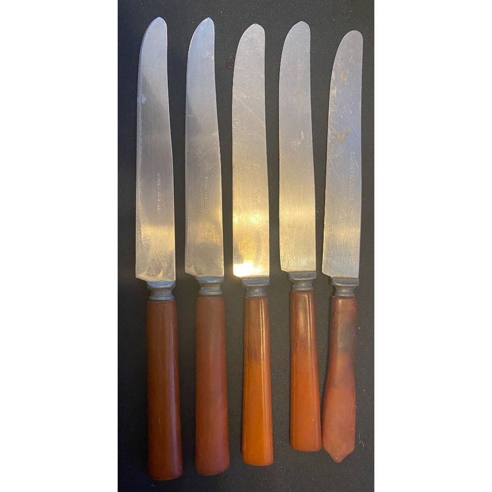 Unbranded Bakelite - 5 Amber Color Knives -Good condition various styles